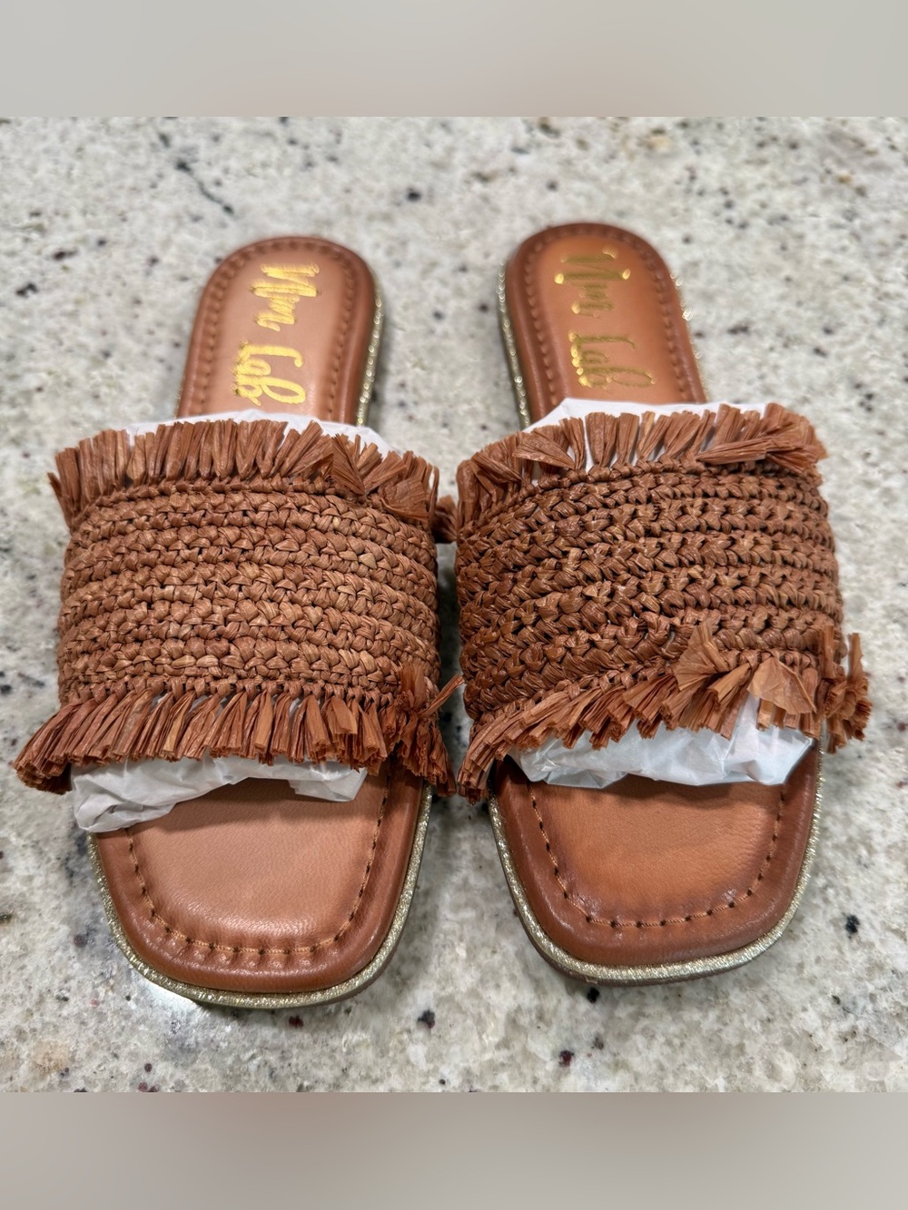 naughty monkey Tan Raffia Fringe Slide Sandals (New)